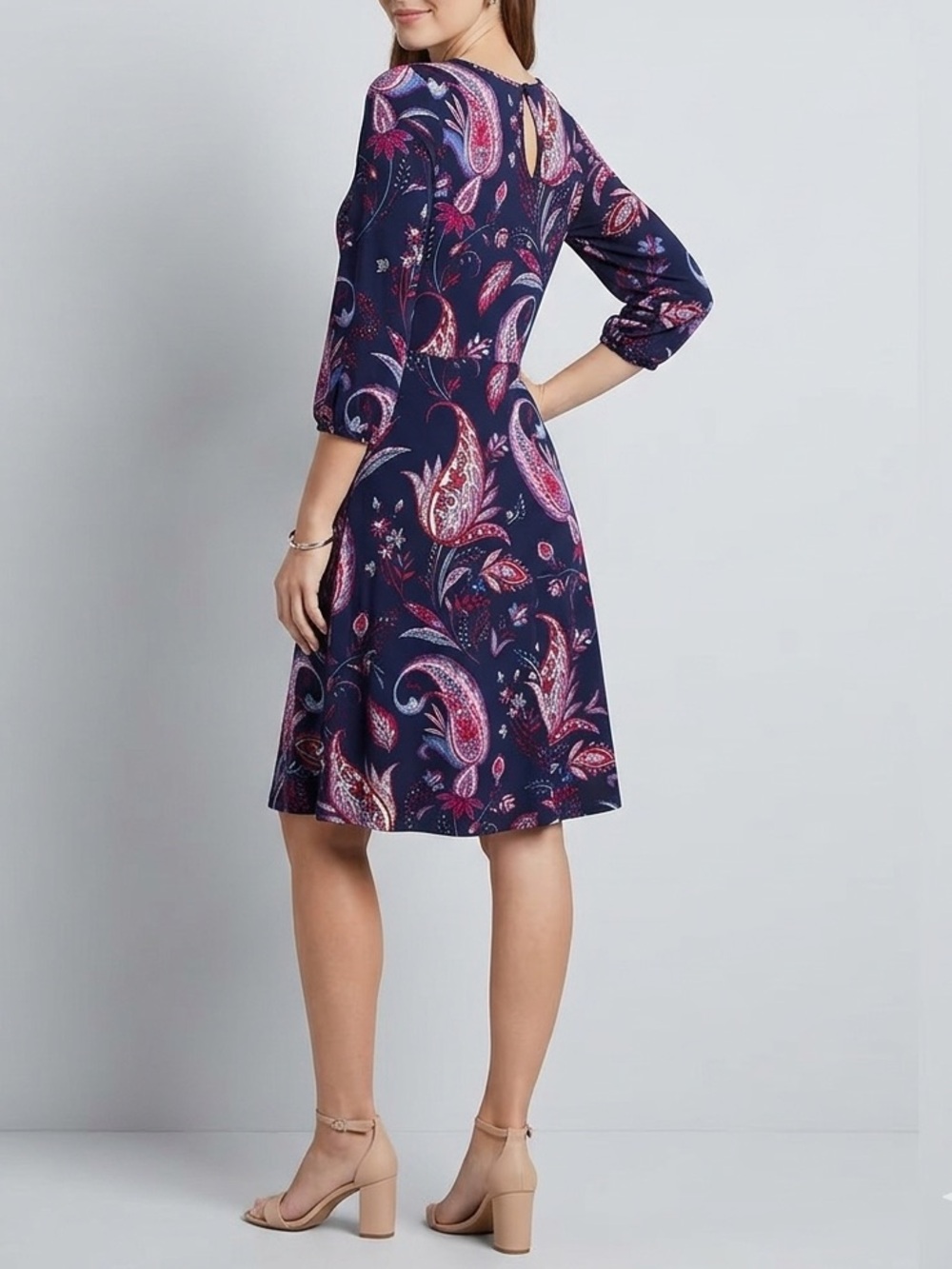 Talbots Paisley Floral Midi Dress 3/4 Sleeve Navy Blue Pink Knit Jersey🩷